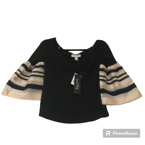 Joseph Ribkoff black top w/organza ribbon stripe sleeves - Picture 2 of 7